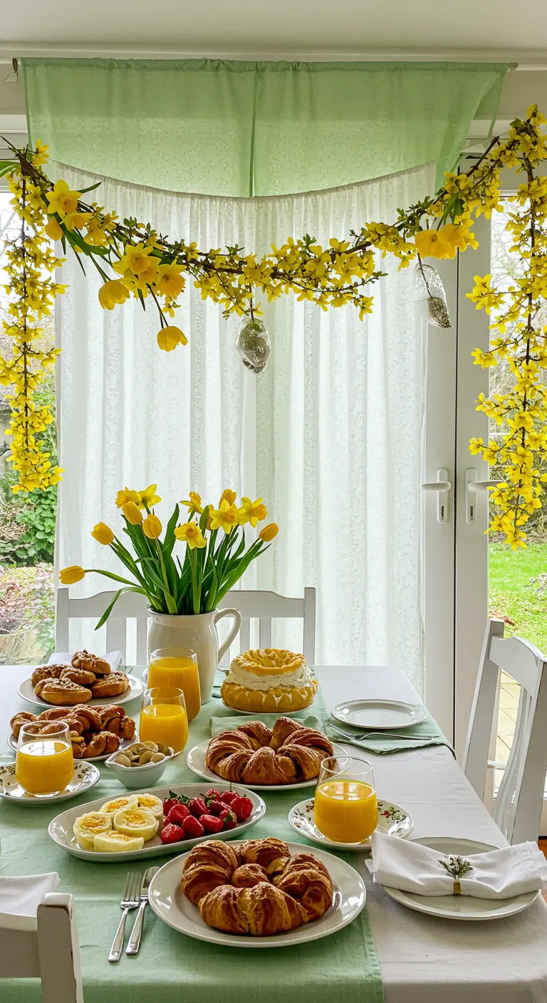 Brunchtafel met op de achtergrond een slinger van gele bloesem.