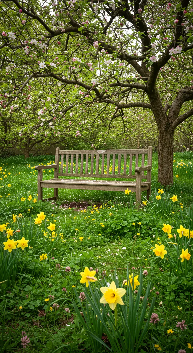 Houten tuinbank onder een bloesemboom in een veld vol gele narcissen.