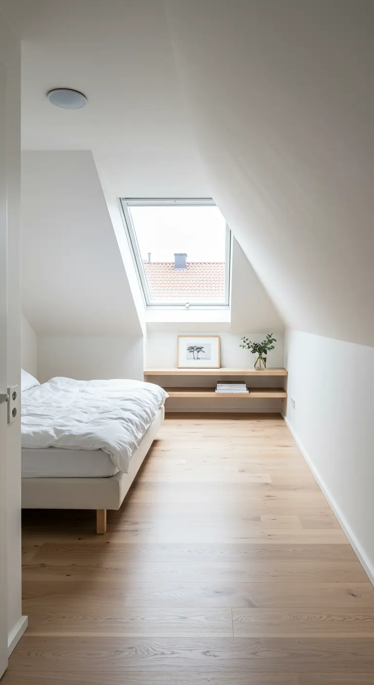 Kleine zolder slaapkamer met schuine daken, wit bed, zwevende plank en dakraam.