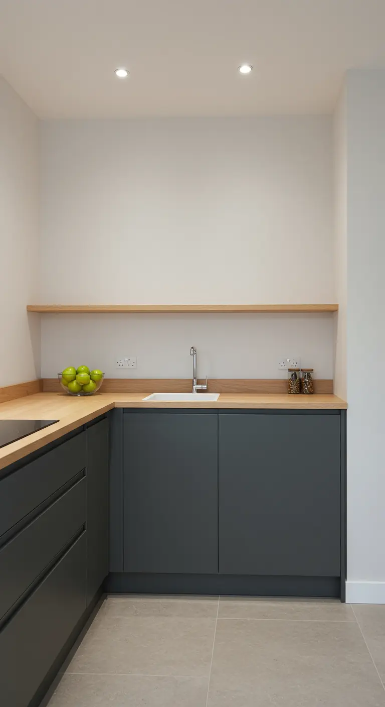 Minimalistische keuken met donkergrijze kasten, een licht houten werkblad en één open plank.