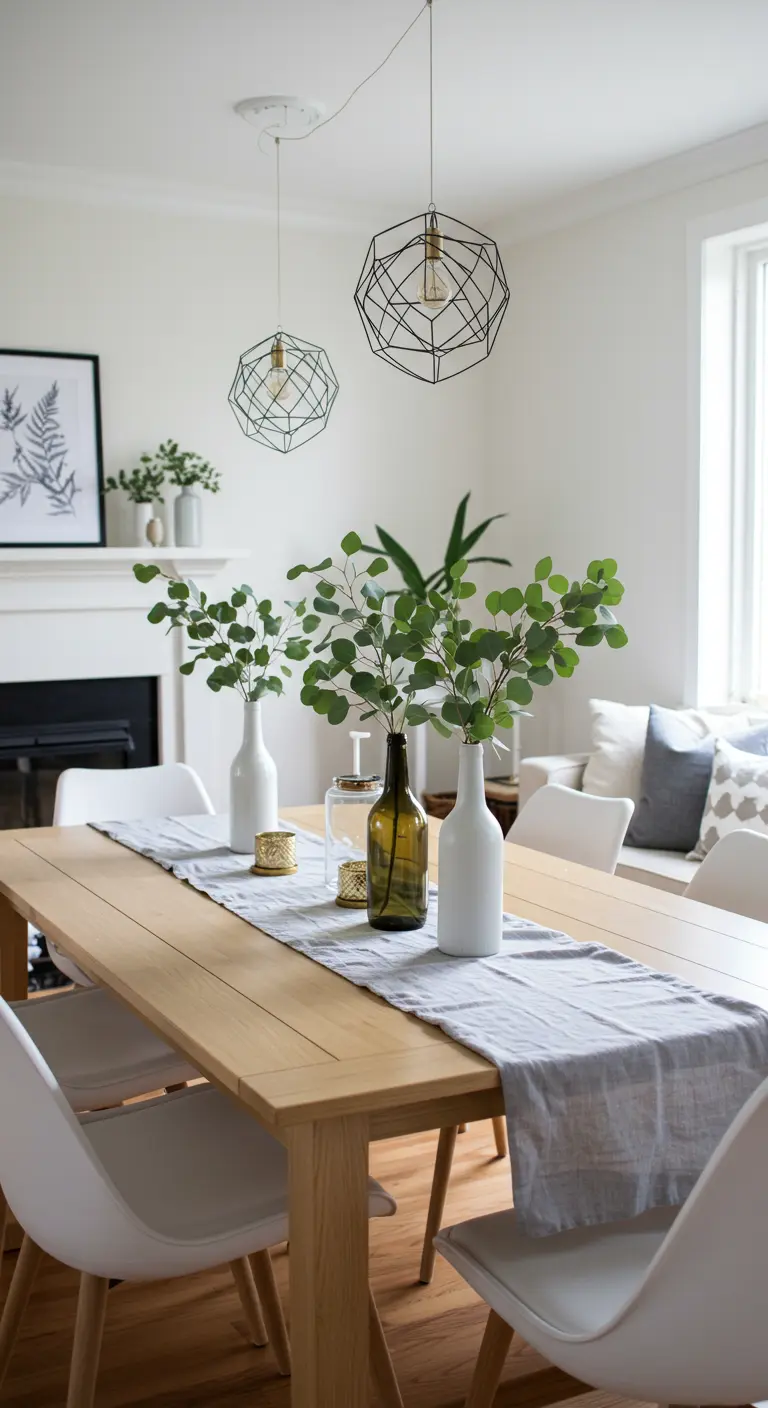 Eettafel met witte vazen en eucalyptus takken.