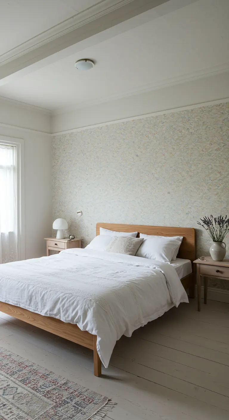Minimalistische slaapkamer met subtiel botanisch behang, licht houten bed en witte beddengoed.