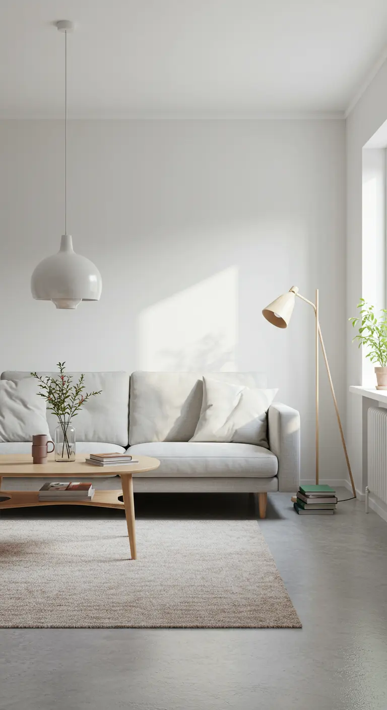 Scandinavische woonkamer in wit en beige, met bank, houten vloerlamp en salontafel.