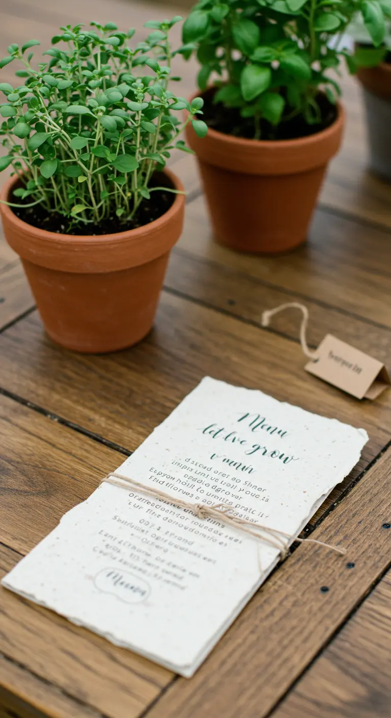 Terracotta potjes met kruidenplantjes en een menukaart op zaadpapier op een houten tafel.