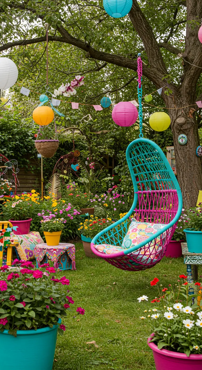 Felgekleurde turquoise en roze hangstoel in een uitbundige, kleurrijke tuin met lampionnen.