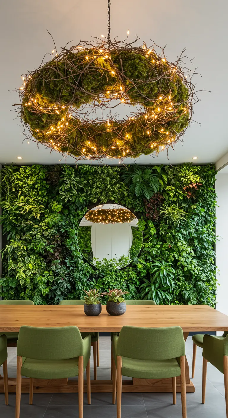 Eethoek met een groene plantenwand, een houten tafel en een grote ronde lamp van mos en takken.