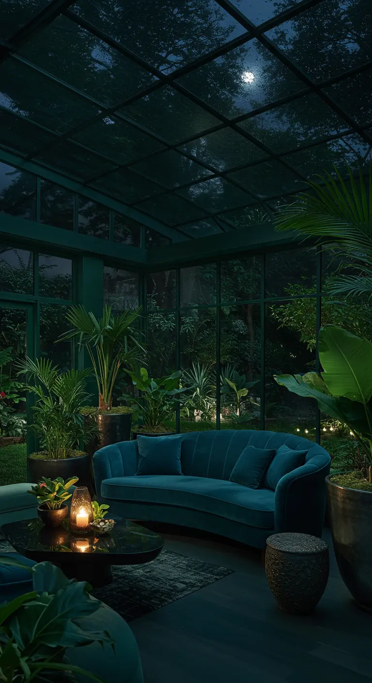 Donkergroene serre bij nacht, gevuld met planten en een blauwgroene fluwelen bank.