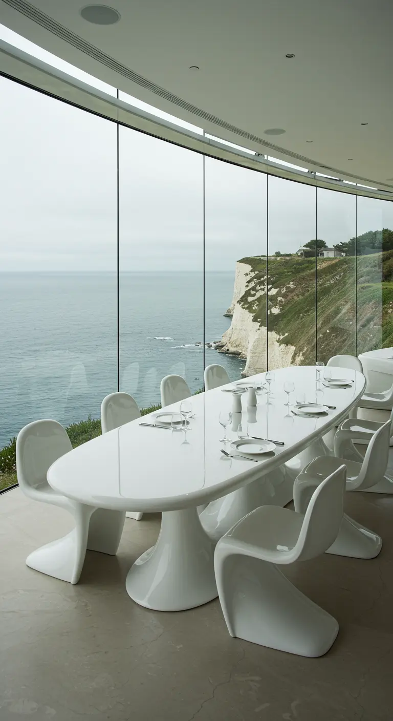 Moderne eetkamer met een gebogen glazen wand en uitzicht op zee, met een witte sculpturale tafel en stoelen.