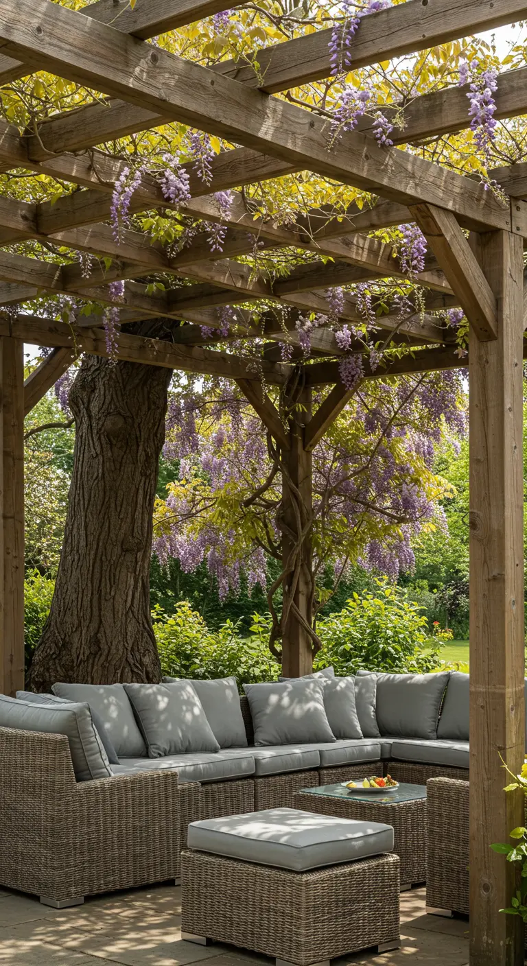 Grote grijze loungeset onder een houten pergola die begroeid is met paarse blauweregen.