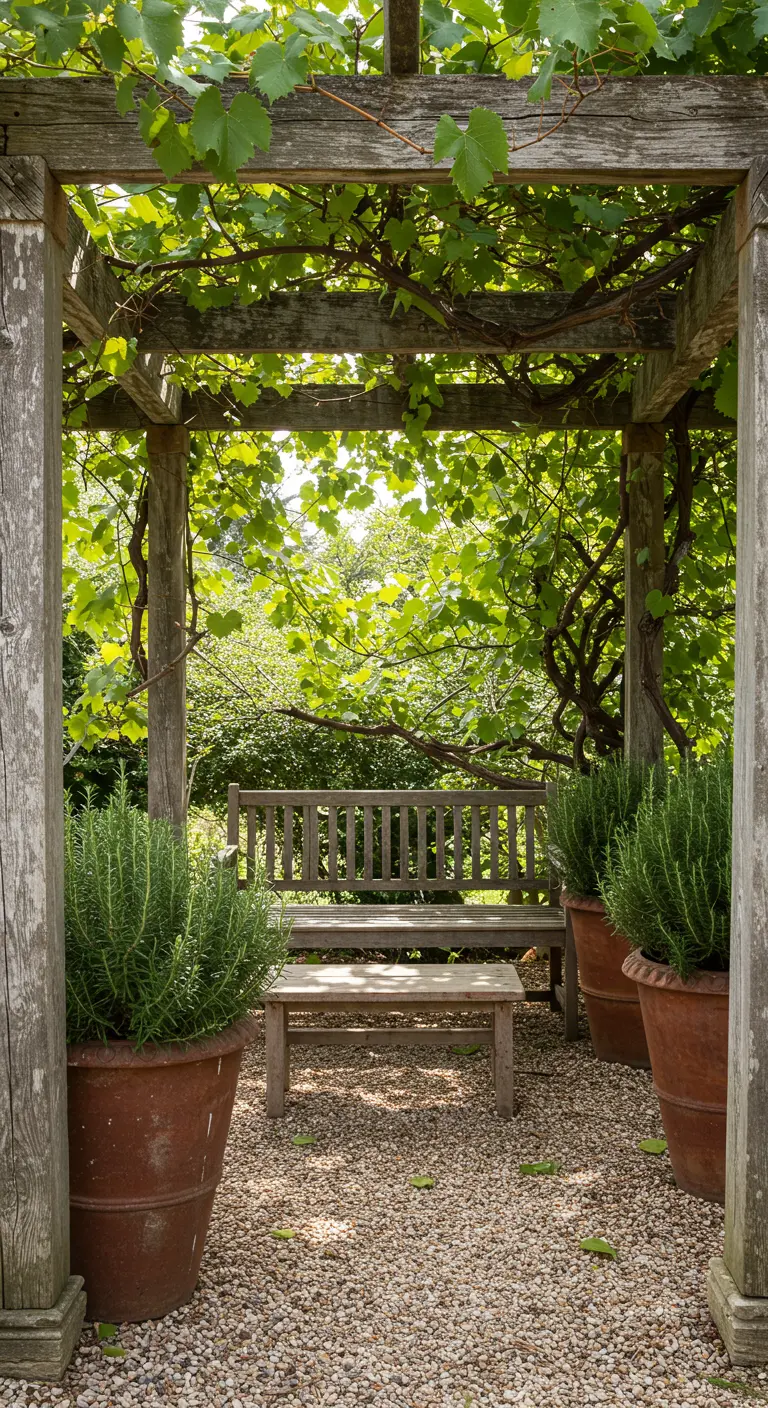 Houten pergola begroeid met druivenranken, met een bankje en potten rozemarijn.