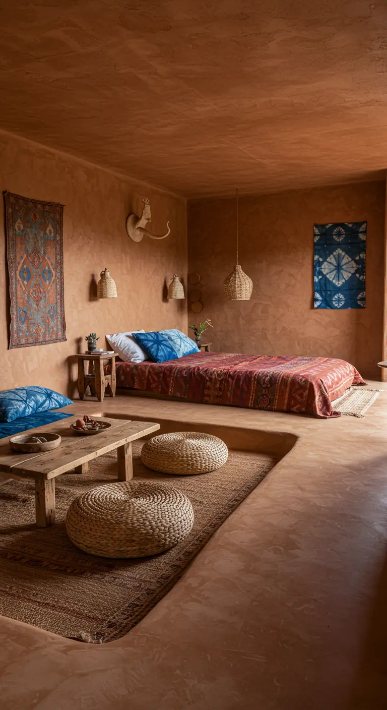 Terracotta slaapkamer met een verlaagde zithoek, vloerkussens en wandkleden.
