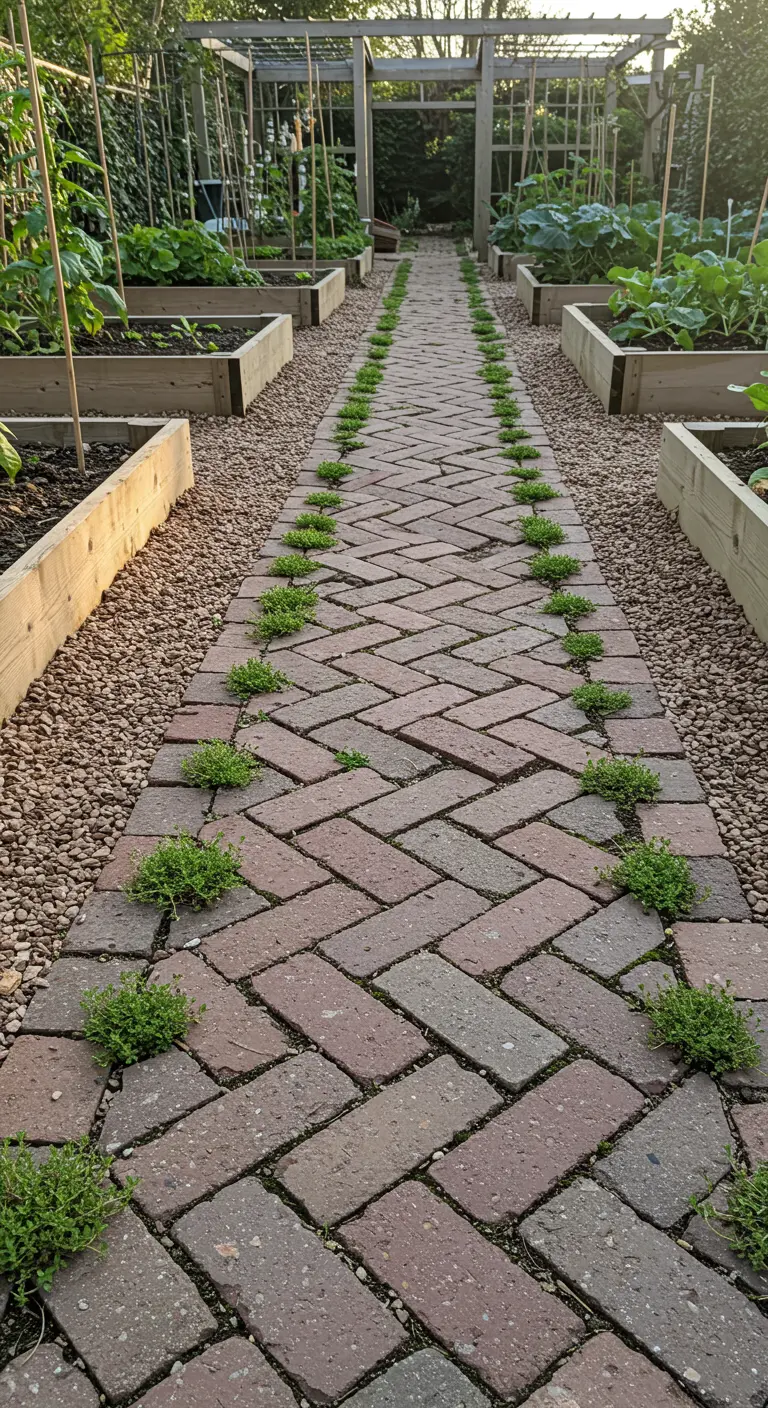 Klinkerpad in visgraatmotief met plukjes groene tijm die tussen de stenen groeien.