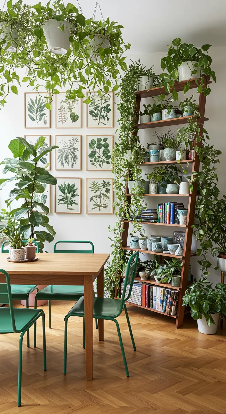 Eetkamer vol planten, met hangplanten, een ladderkast vol groen en botanische prints aan de muur.