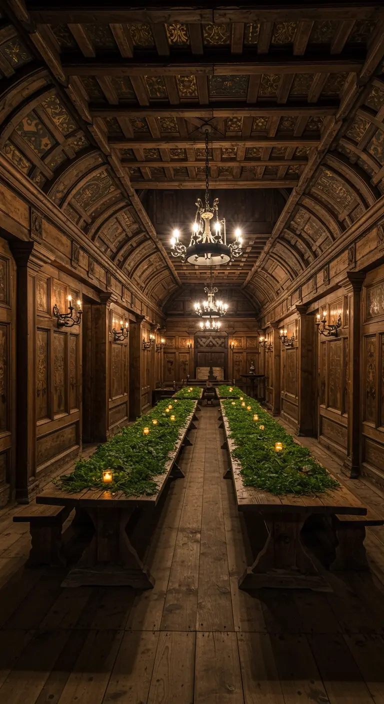 Lange houten tafels in een kasteelachtige zaal, gedekt met een loper van groen en kaarsjes.