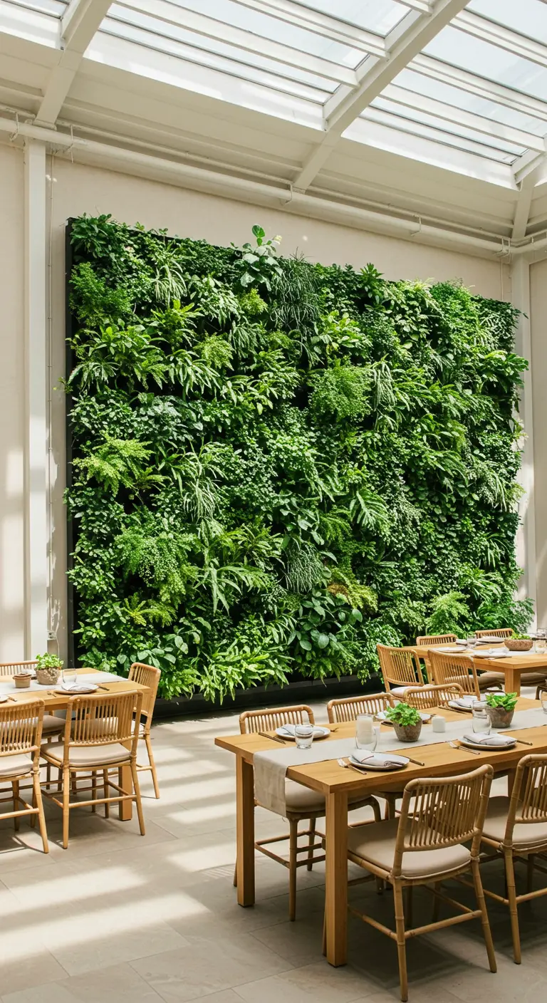 Grote groene plantenmuur in een lichte evenementenruimte met houten tafels en stoelen.