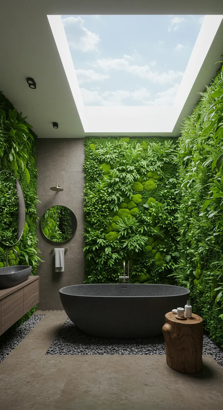 Luxe badkamer met twee groene plantenwanden, een daklicht en een vrijstaand zwart bad.