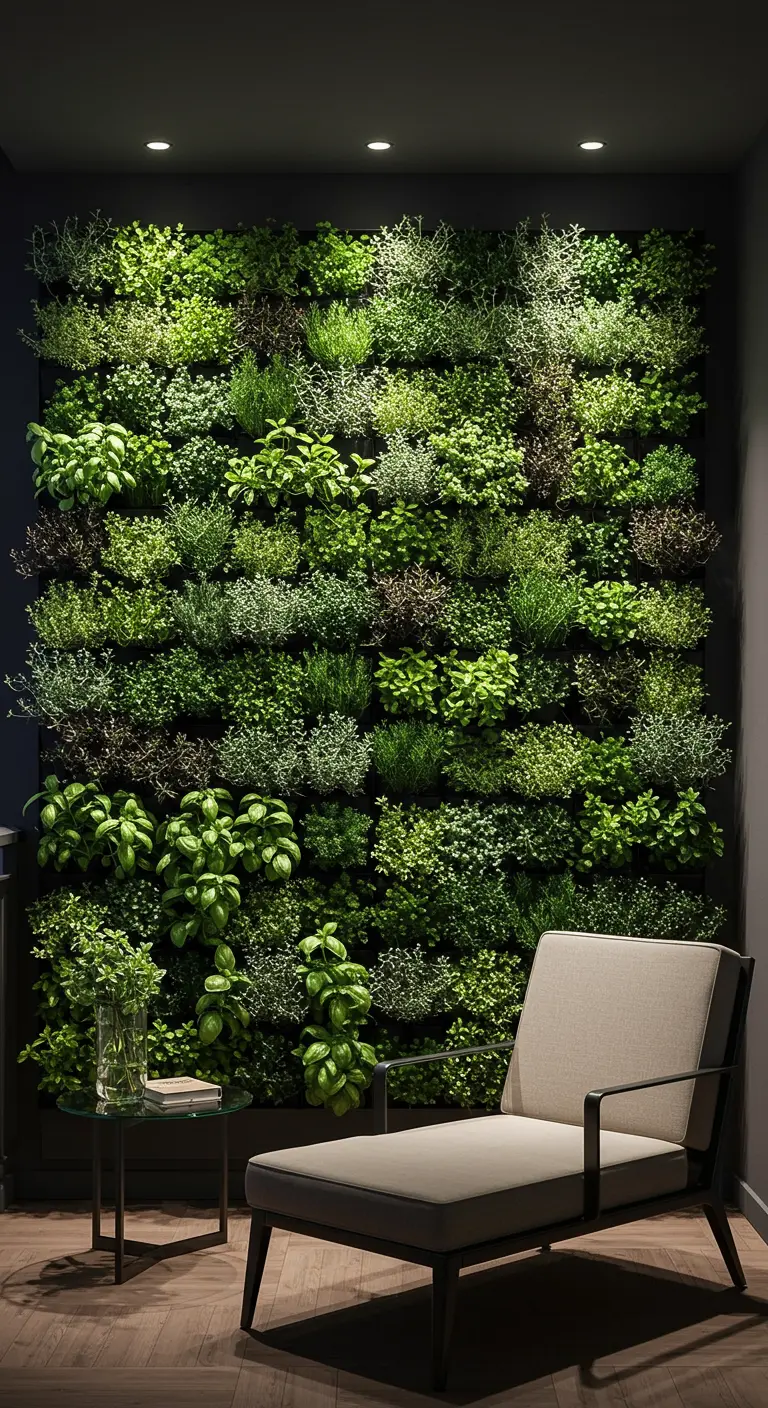 Indrukwekkende, dichte verticale tuinwand vol diverse groene kruiden en planten op een balkon.