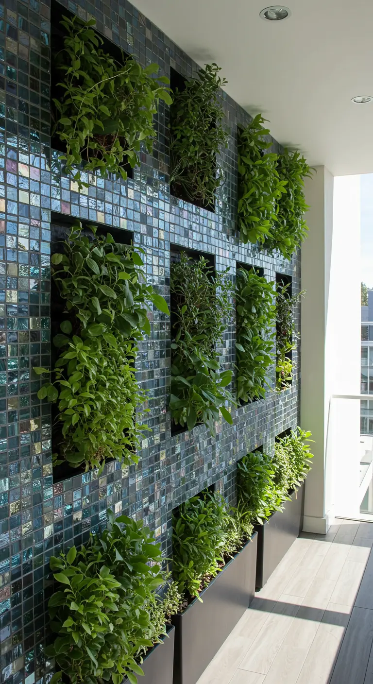 Moderne verticale tuin met planten in nissen tegen een achtergrond van glinsterende mozaïektegels.