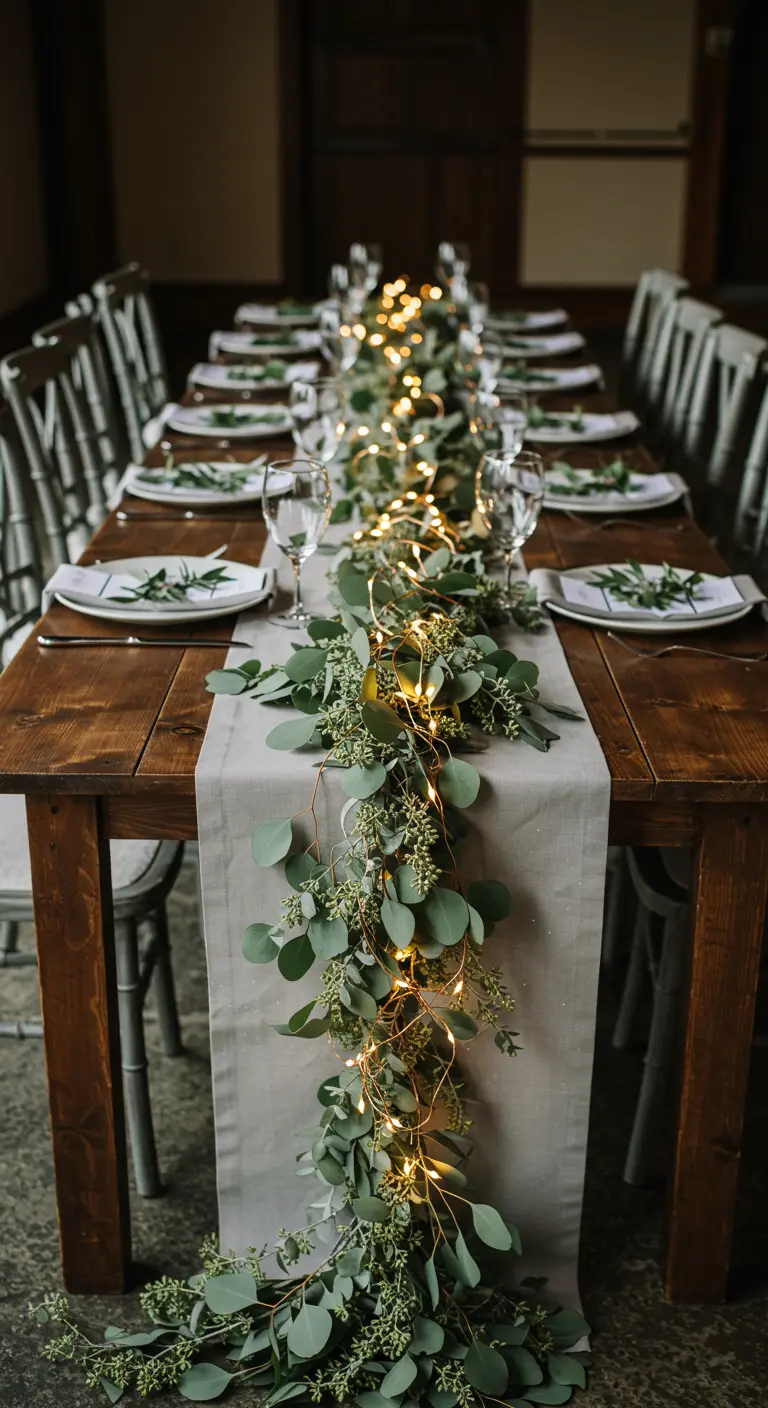 Lange houten tafel met een tafelloper van eucalyptus en sprookjesverlichting.