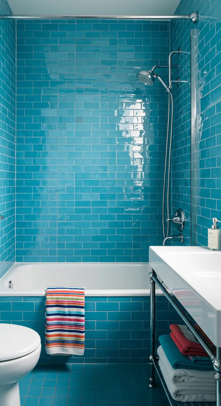 Badkamer met fel turkooisblauwe metrotegels rond het bad en de douche.