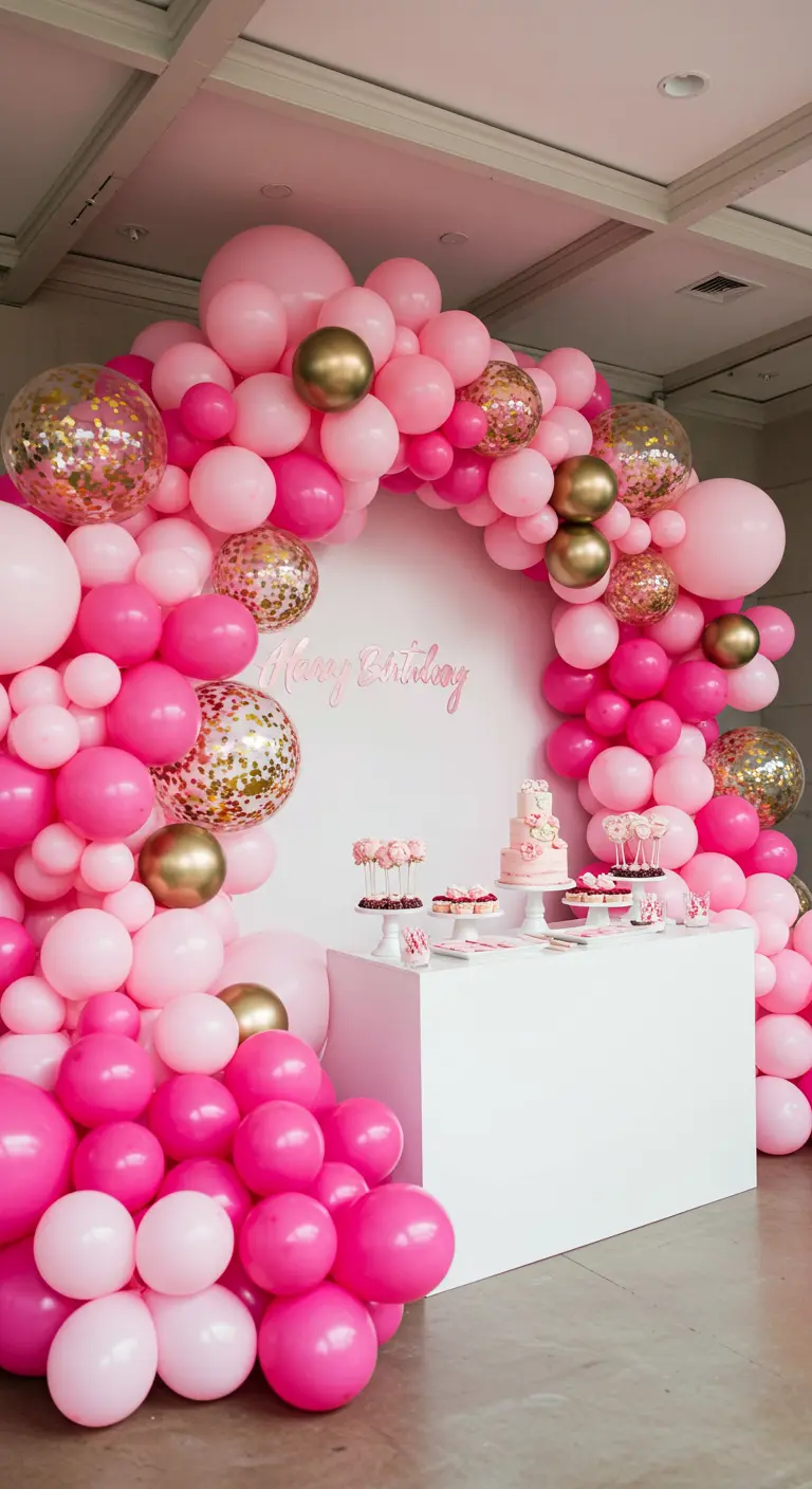 Grote ballonnenboog in roze en goud rond een witte desserttafel.