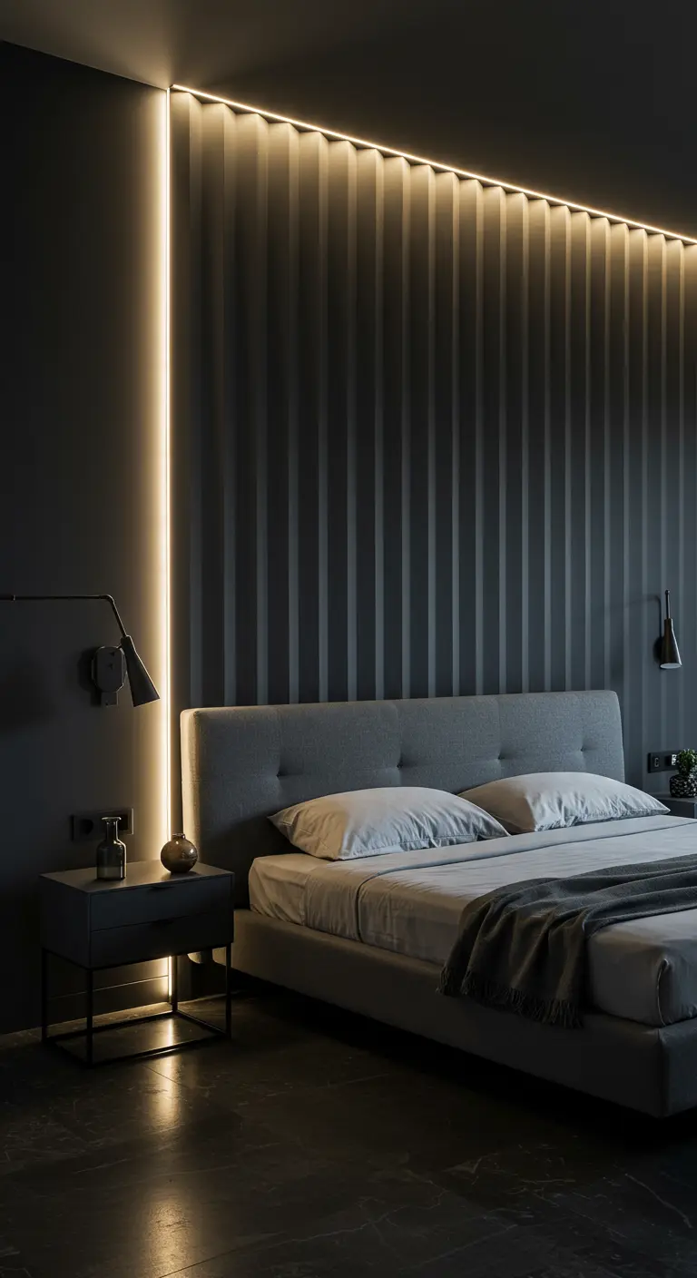 Donkergrijze slaapkamer met een verticale ledstrip die de geribbelde accentmuur verlicht.