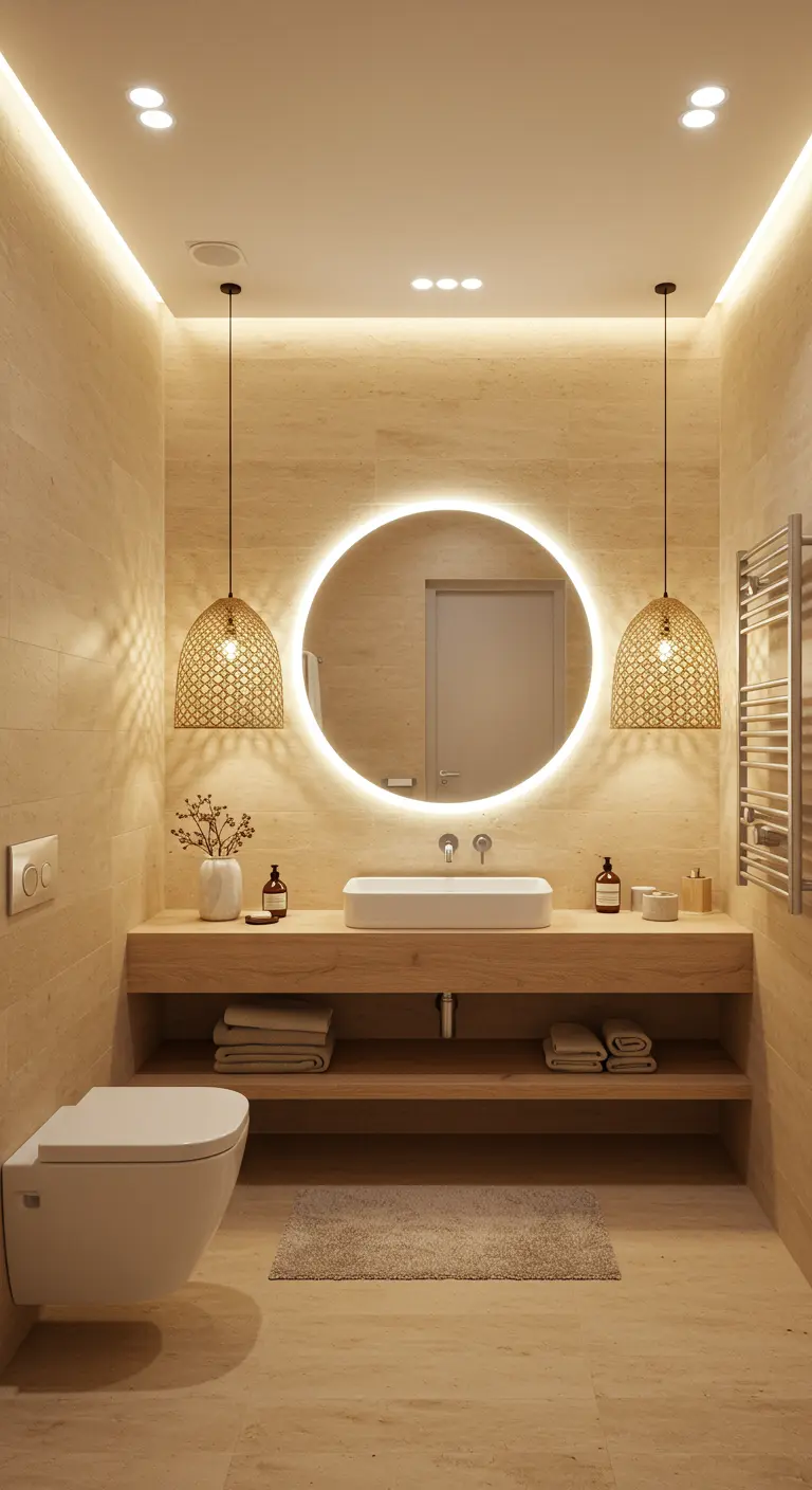Badkamer met een grote ronde spiegel met achtergrondverlichting en twee hanglampen.