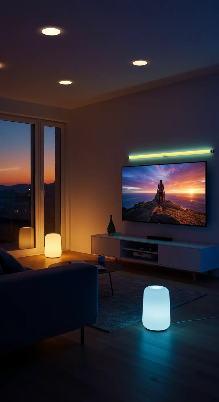Moderne woonkamer met smart verlichting, een light bar boven de tv en draagbare lampen.