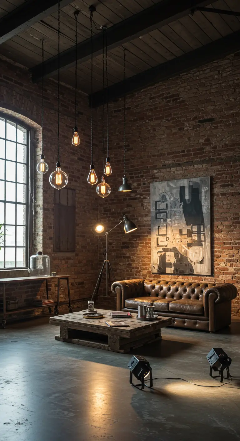 Industriële loft met bakstenen muur en een cluster van hangende Edison-lampen.