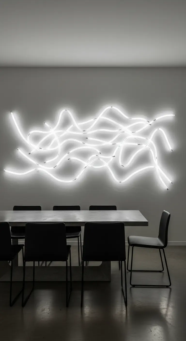 Moderne eetkamer met een groot, abstract neonkunstwerk van witte lichtbuizen aan de muur.