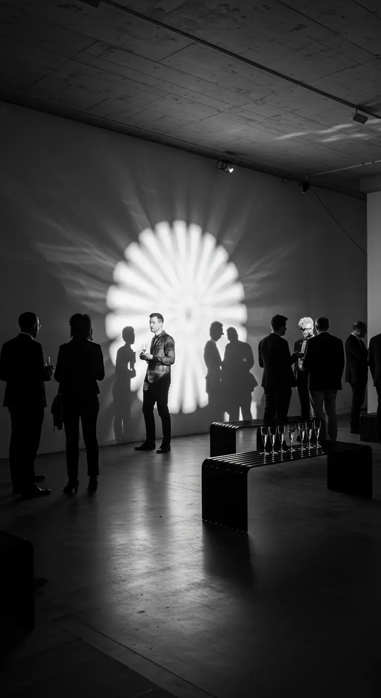 Mensen op een feest in een galerie, met een groot, bloemvormig lichtpatroon op de muur.
