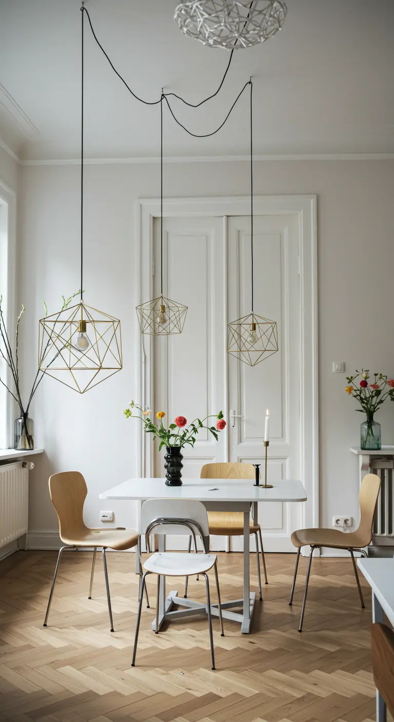 Drie geometrische gouden hanglampen boven een witte eettafel in een minimalistisch interieur.
