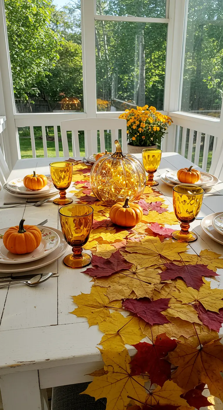 Witte tuintafel met een loper van herfstbladeren en een glazen pompoen met lichtjes.