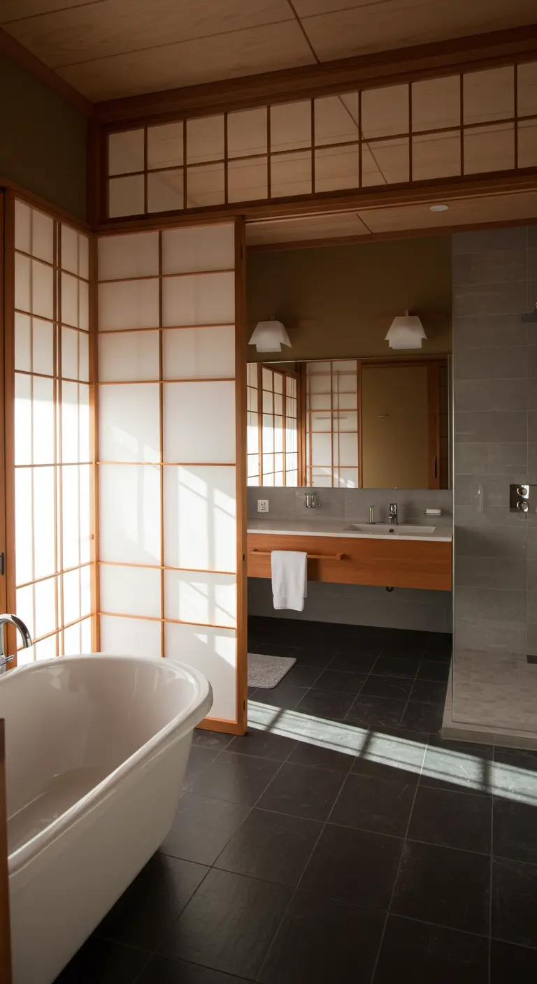 Badkamer met Japanse Shoji-schuifdeuren die licht doorlaten.