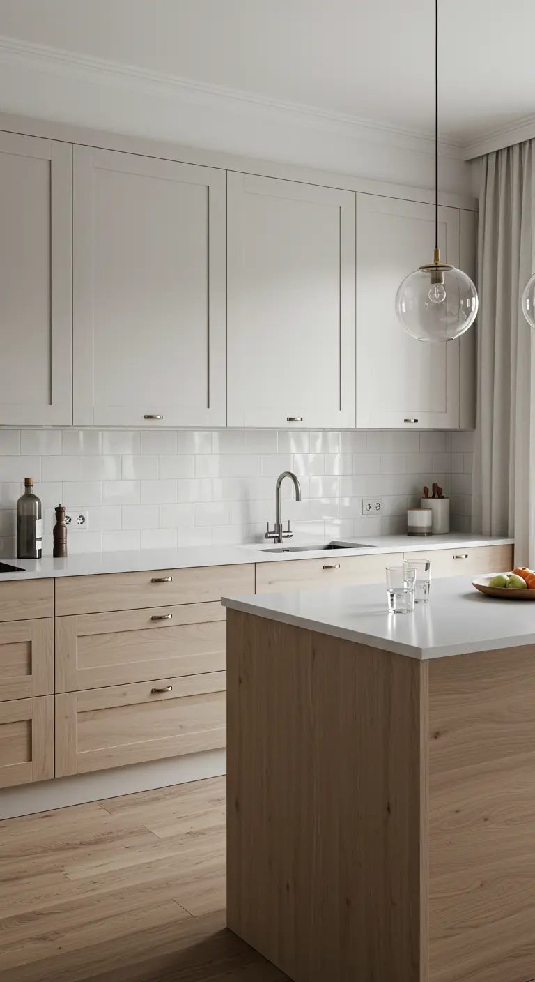 Lichte houten onderkasten en witte glanzende werkbladen in Scandinavische keuken.