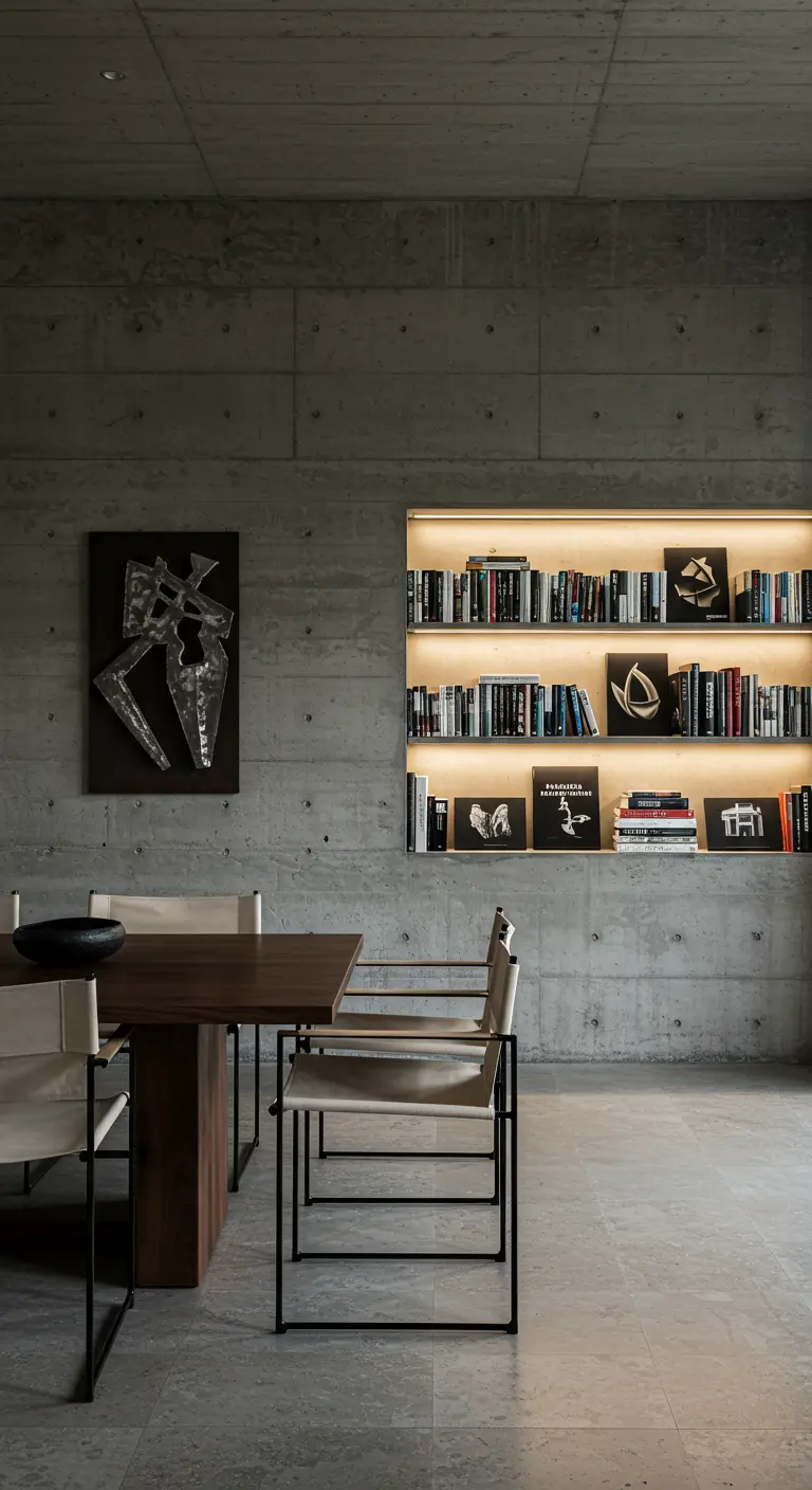 Moderne, minimalistische eetkamer met betonnen muren en een verlichte nis vol boeken.