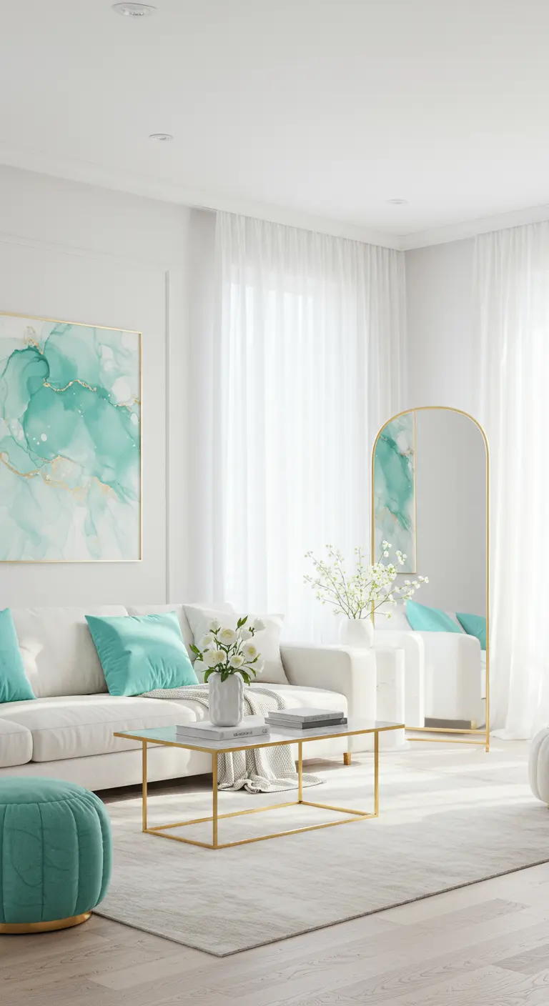Lichte woonkamer met witte bank, abstracte kunst en een grote gouden passpiegel.