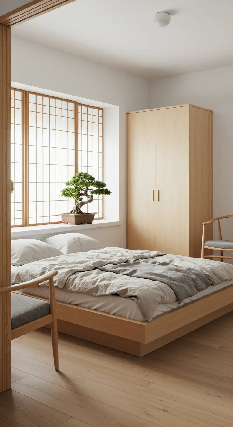Lichte slaapkamer met een houten bed, bijpassende kast, shoji-raam en een bonsai in de vensterbank.
