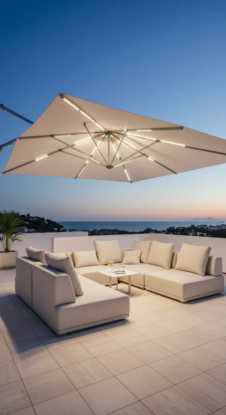 Grote witte loungebank op een dakterras, met een open zweefparasol met ledverlichting erin.