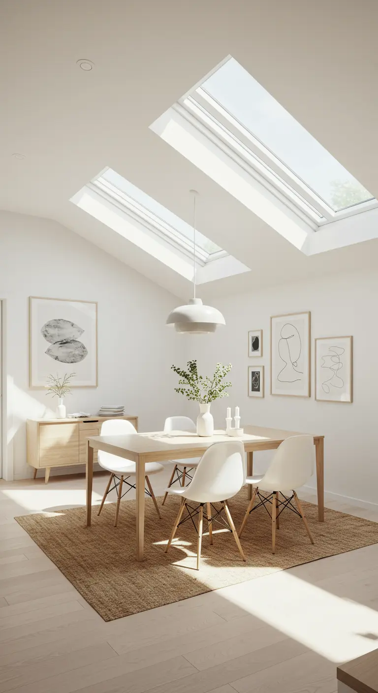 Lichte Scandinavische eetkamer met houten tafel en dakramen die voor veel lichtinval zorgen.