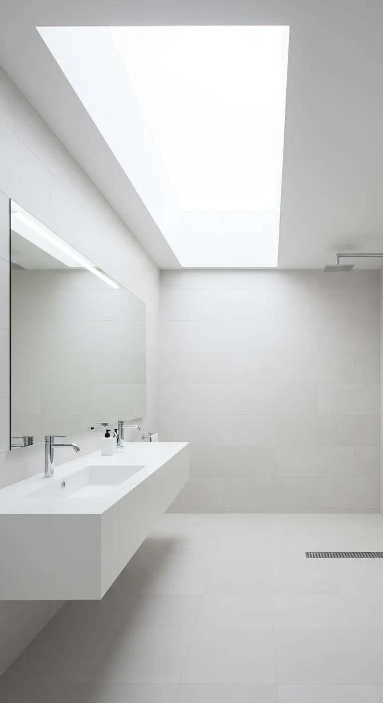 Witte, minimalistische badkamer waar een groot daklicht wordt gereflecteerd in een brede spiegel.