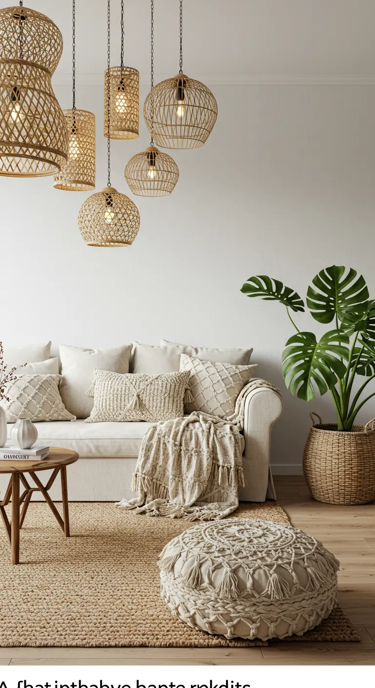 Bohemian woonkamer met een cluster van rotan hanglampen boven een beige bank.