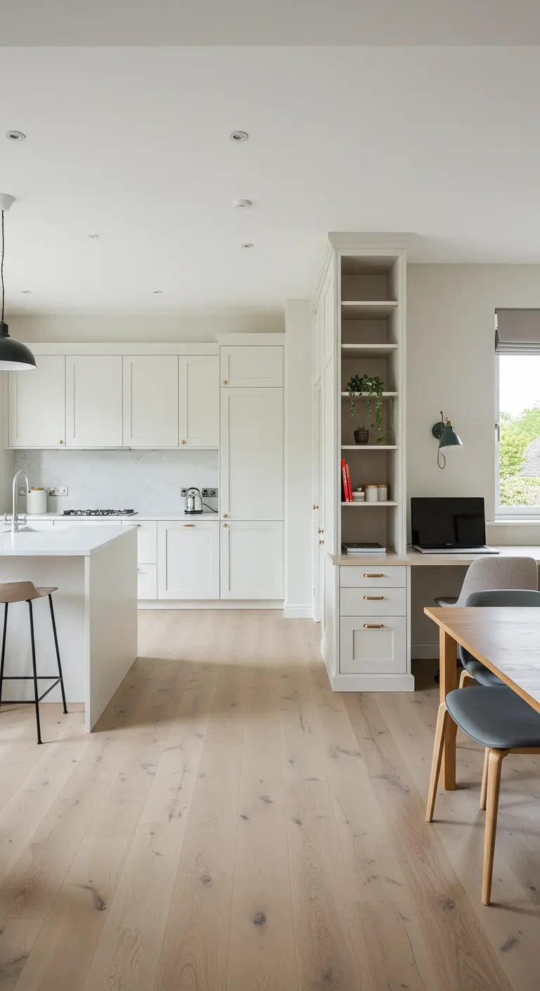 Witte open keuken met een geïntegreerde werkplek met bureau en planken aan de zijkant.