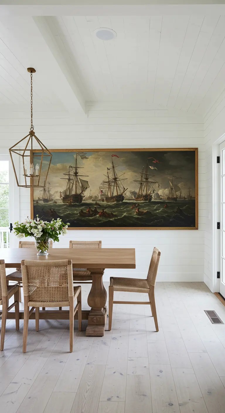 Witte, landelijke eetkamer met een groot schilderij van zeilschepen en houten meubels.