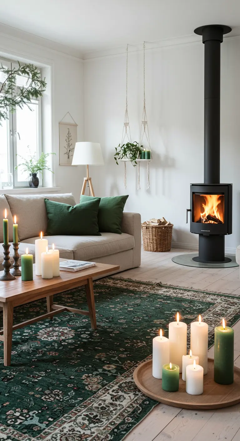 Lichte Scandinavische woonkamer met zwarte kachel, groene vloerkleed en veel kaarsen.