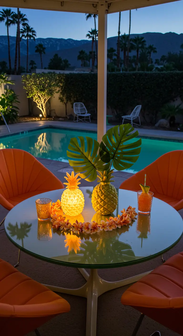 Tuintafel bij een zwembad met oplichtende ananaslampen en oranje stoelen.