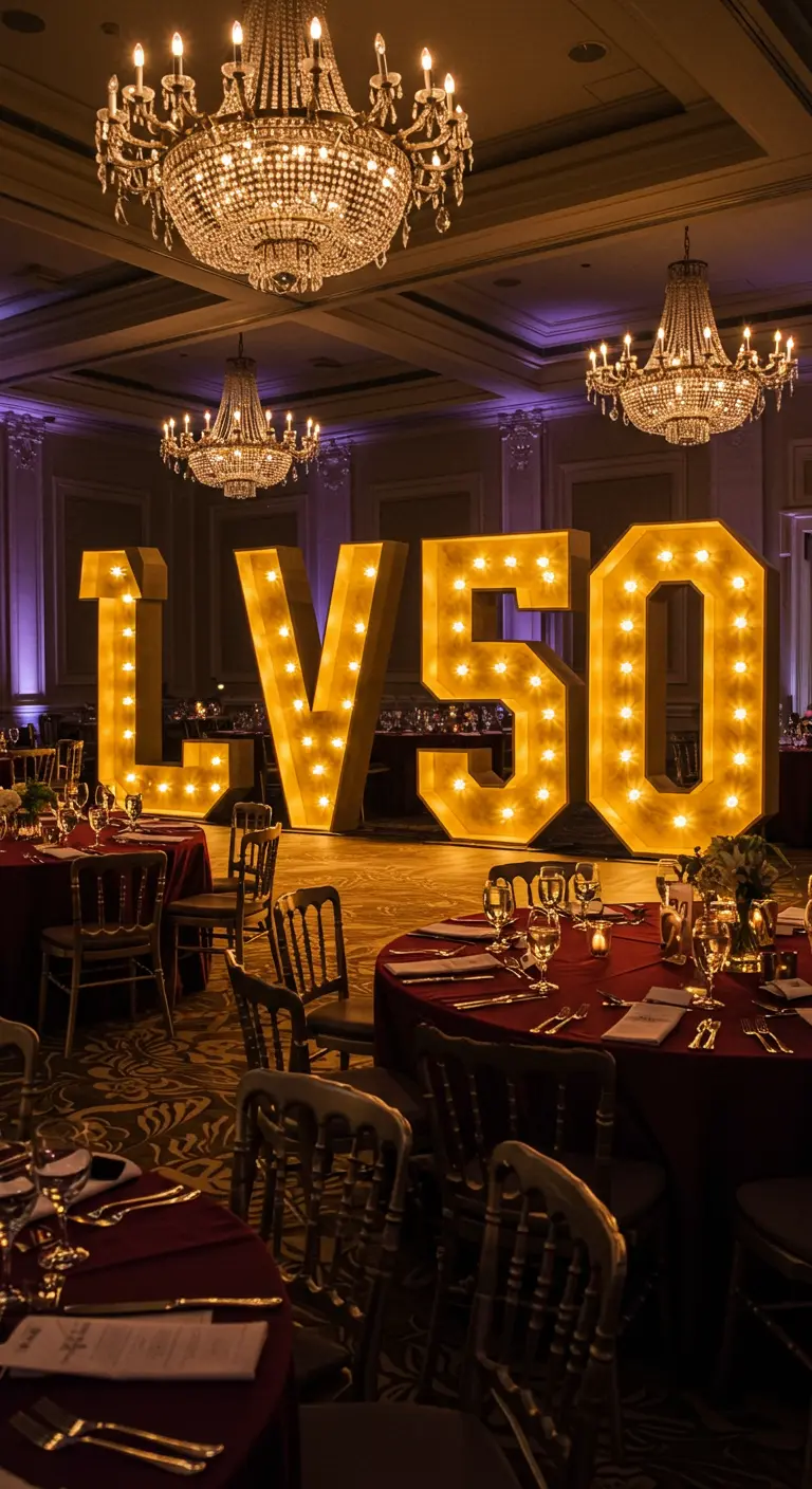 Grote lichtgevende cijfers 'LV50' in een feestzaal met kroonluchters en feestgasten.