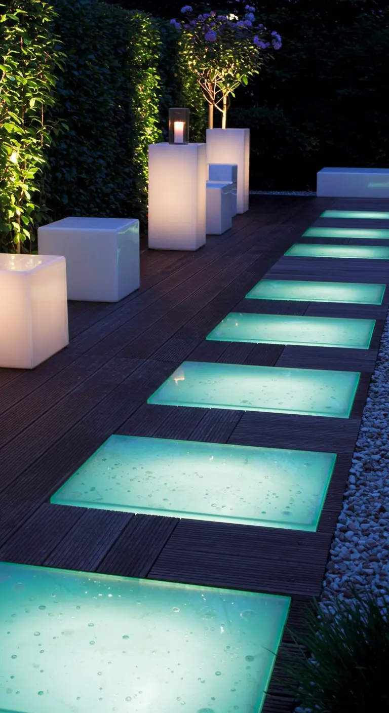 Houten terras met ingelegde, rechthoekige glaspanelen die van onderaf blauwgroen oplichten in het donker.