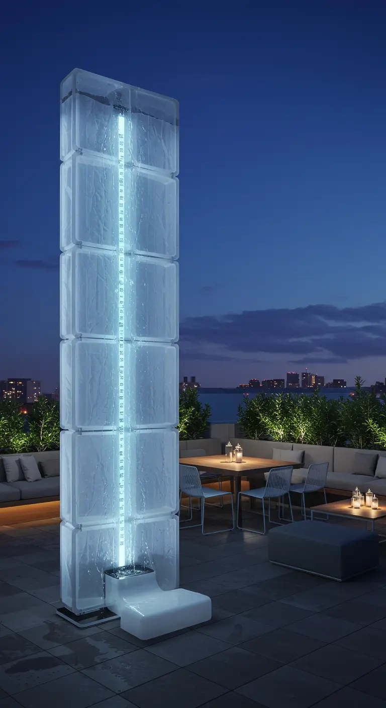 Futuristische, doorschijnende watertoren met blauwe ledverlichting op een luxe dakterras.