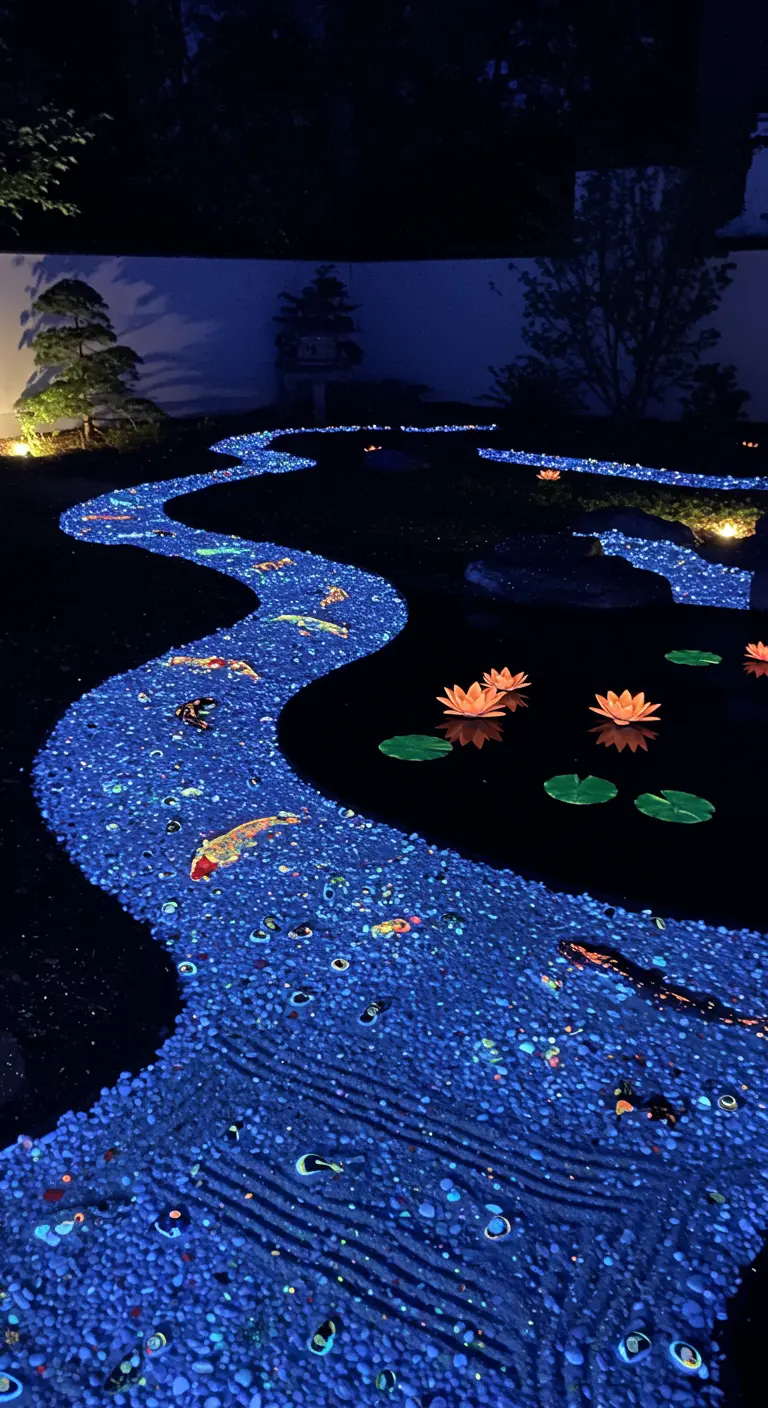 Japanse tuin met een pad van lichtgevende blauwe steentjes.